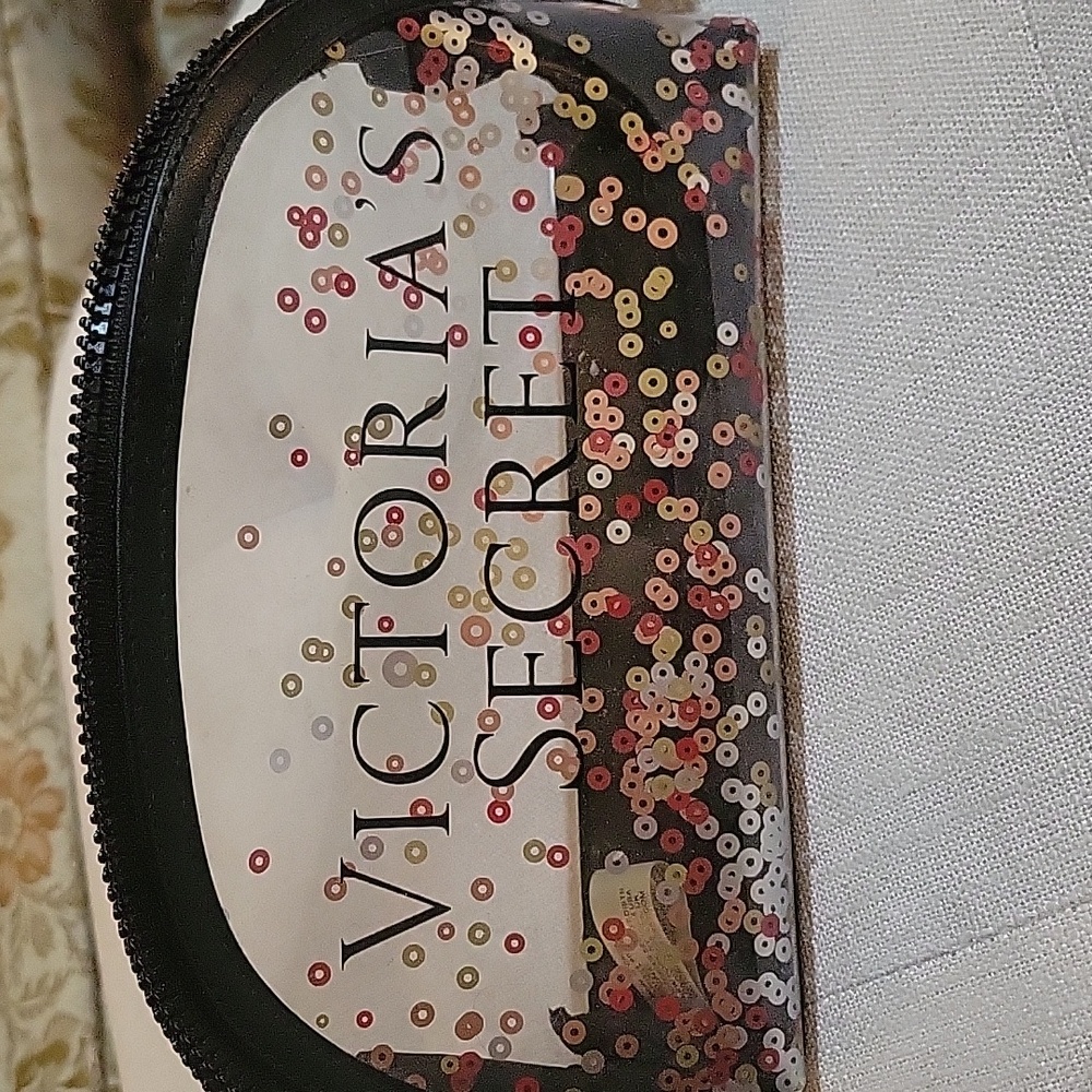 🆕Victoria's Secret Cosmetic Bag Makeup Clear zippered w/sequins Logo black trim